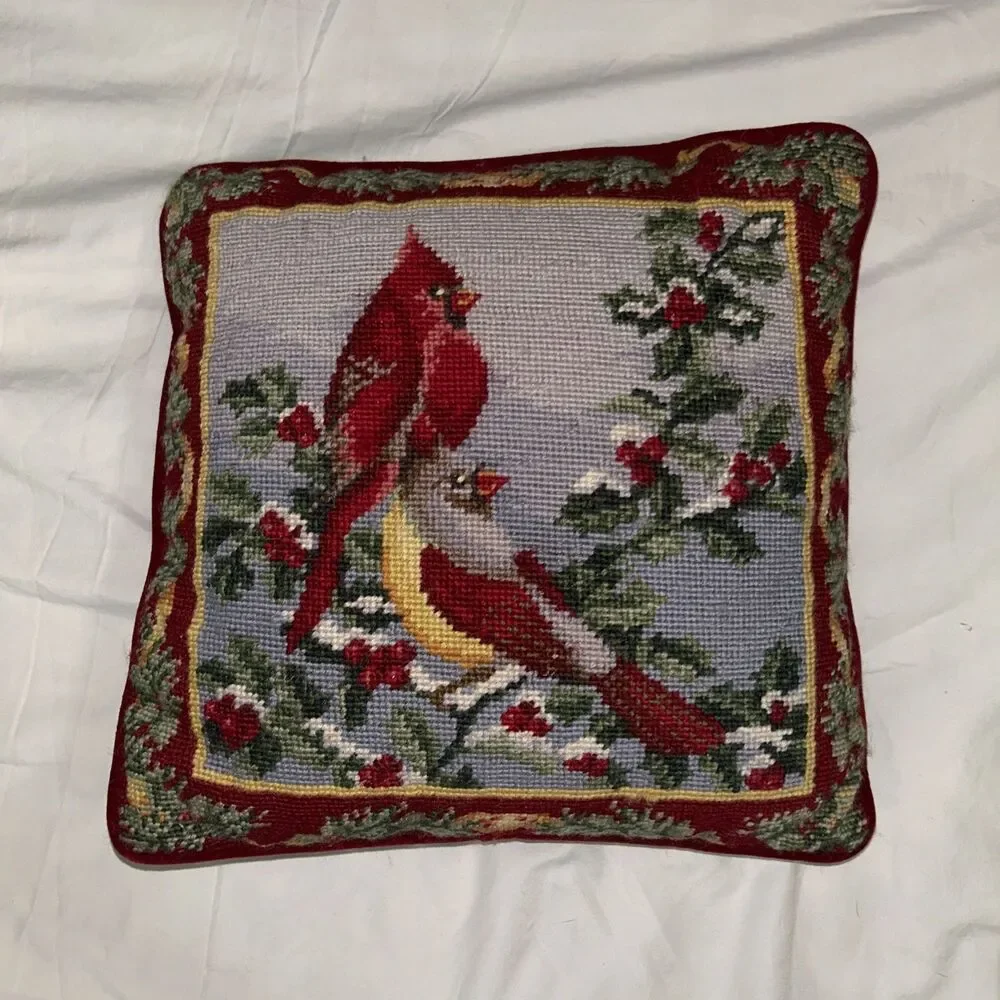 Cardinal Needlework Embroidery Pillow Blue Green Red Velvet Square Vtg 70s 80s
